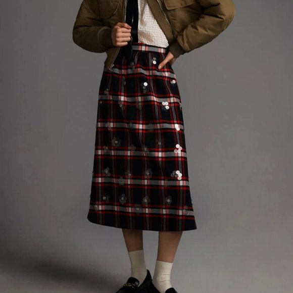 Anthropologie Maeve 6 NWT Embellished Plaid Midi Skirt Sequins Tartan Red Black
